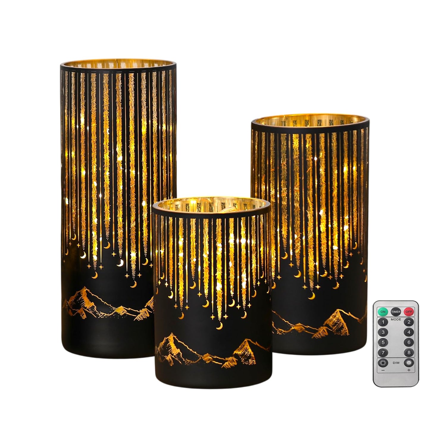 Ashroder Set of 3 Illuminated Starry Night Hurricanes with Remote Timer, Glass Votive Pillar Candle Holders, Removable LED String Lights Candles for Centerpiece Table Halloween Christmas Decor(Black)