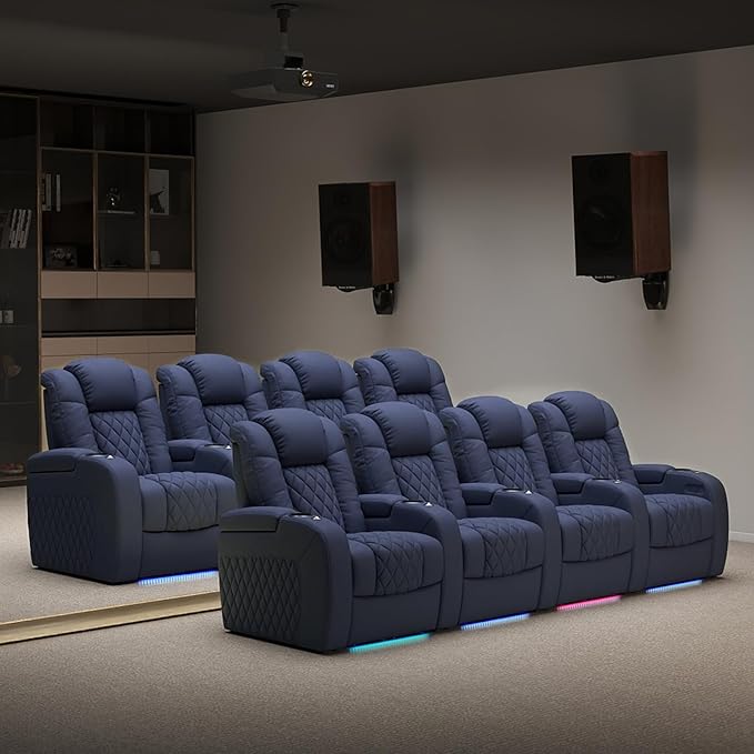 Weilianda Home Theater Seating Top Grain Leather Zero Gravity Recliner Chair Power Headrest Recline Movie Seat Gaming 7 Colors Mood Light Sofa with Tray Table USB Charge Row of 5 Loveseat Right Blue