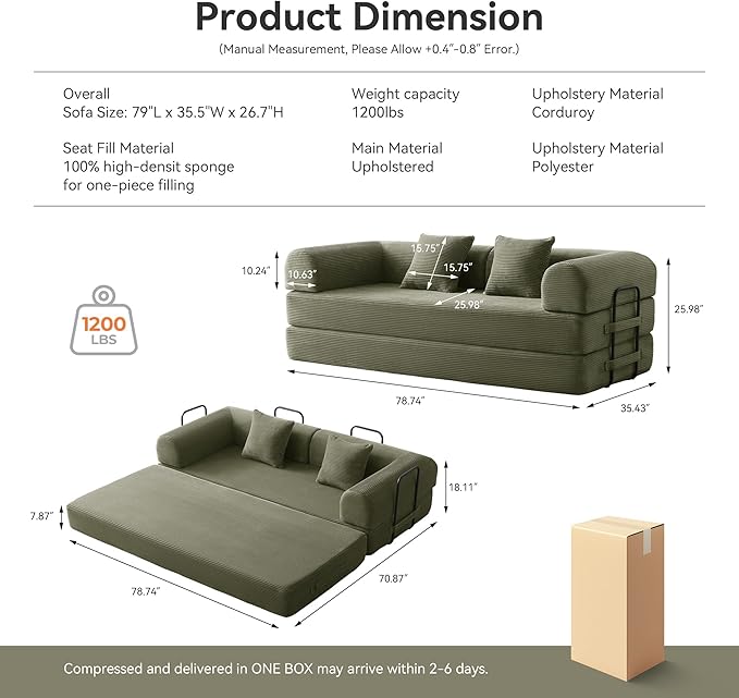 ZQRhome 79" 5-in-1 Convertible Sofa Bed, Luxe Comfort Sleeper with Sturdy Frame, No Assembly Corduroy Couch for Living Room, Apartment & Relaxation, Light Green