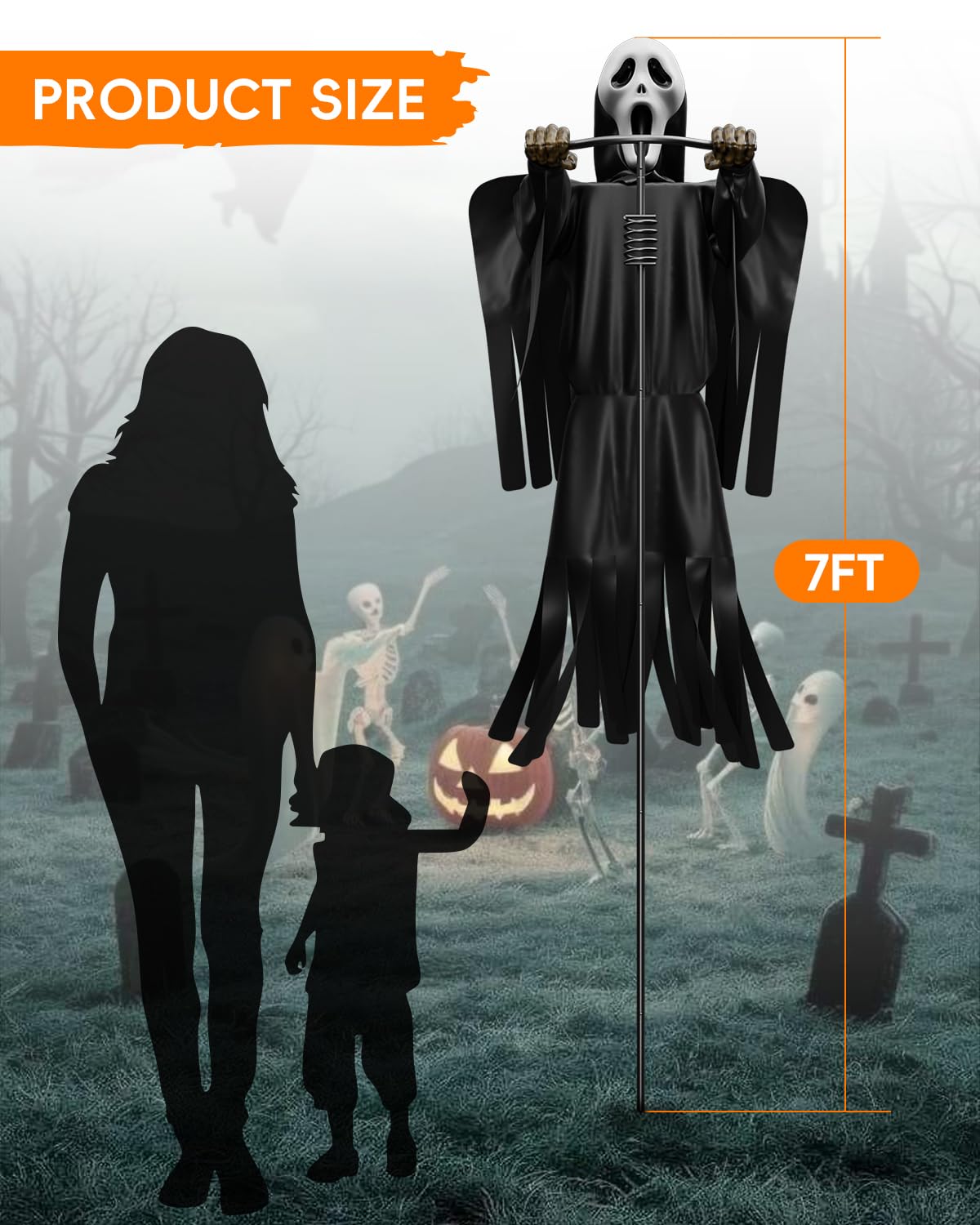 COOLWUFAN Halloween Flying Scarecrow Ghost with Metal Pole, Large Scary Spooky Scarecrows Ghosts, Creepy Grim Animated Halloween Decorations for Outdoor Yard Porch Lawn Garden, Party (1 Pack)