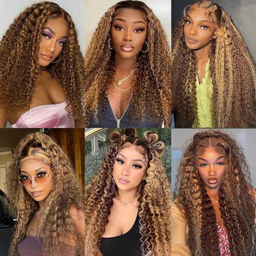 ZAMSTA Honey Blonde Curly Wig Human Hair 13x4 HD Highlight Ombre 4/27 Deep Wave Lace Front Wigs Human Hair Pre Plucked 180% Density Glueless Colored Wigs for Women Wet and Wavy Lace Front Wigs 26 Inch