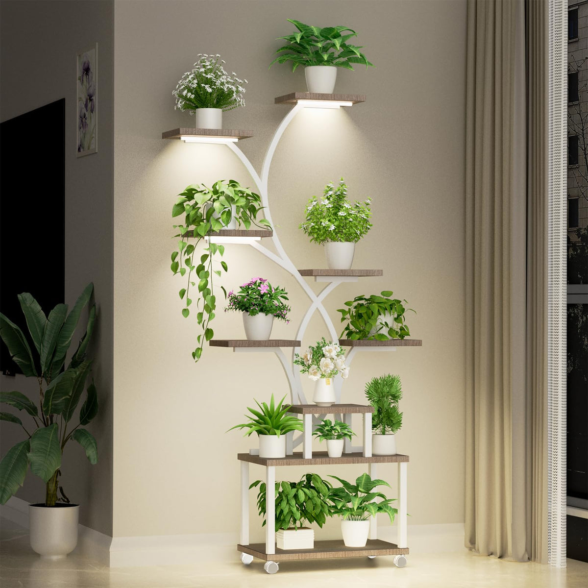 Artswish Plant Stand Indoor with Grow Lights, 8 Tiered Plant Shelves 63" Tall Plant Stands for Multiple Plants, Lighted Plants Stands Indoor Plants Rack for Living Room, Patio, Balcony (White)