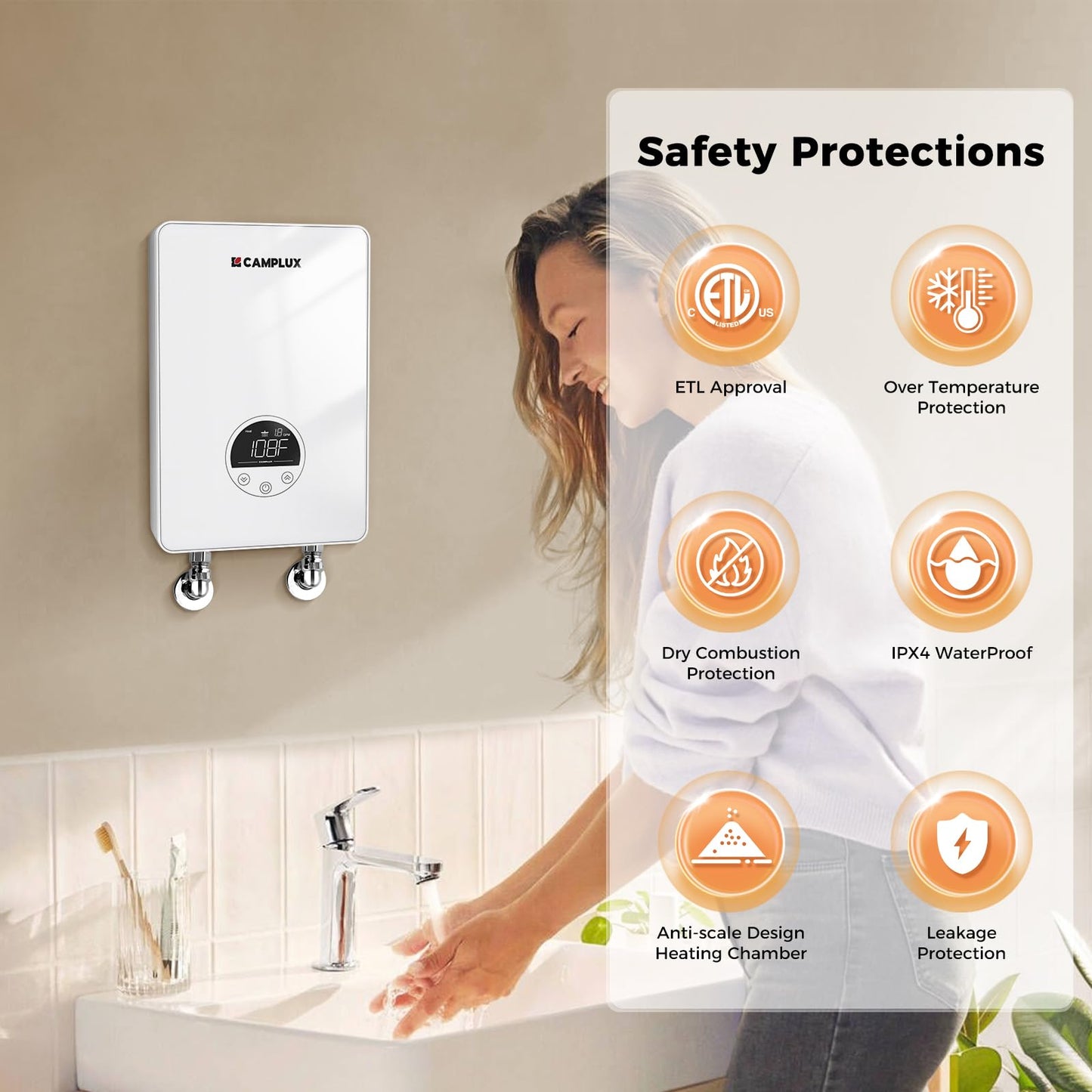 CAMPLUX Tankless Water Heater Electric 4.5kW 110~120V Small Instant Hot Water Heater, Point-of-Use, Save Space for Sink Wall Mounted LED Digital Display CSA Certified TE05
