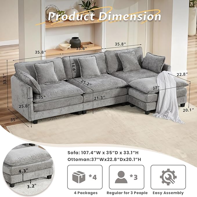 SoarFlash 113.78" Chenille Sectional Sofa, Comfy L Shaped Modular Coush Sofa with Ottoman, Modern 4 Seat Couch Deep Seat Sofa Set for Living Room,Grey
