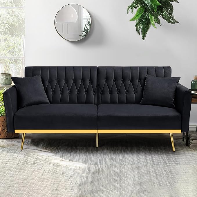 ACMEASE 70” Velvet Futon Sofa Bed with 2 Pillows and Adjustable Armrests, Convertible Sleeper Bed W/Adjustable Backrests, Modern Loveseat for Living Room, Bedroom, Black