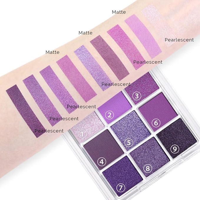 AMY'S DIARY Deep Light Purple Matte Shimmer Eye Shadow Palette Makeup,Eyeshadow Long Lasting Waterproof Cruelty-Free, 9 Blendable Shades in Smooth with Gorgeous Pearls for Girls (Purple palette)