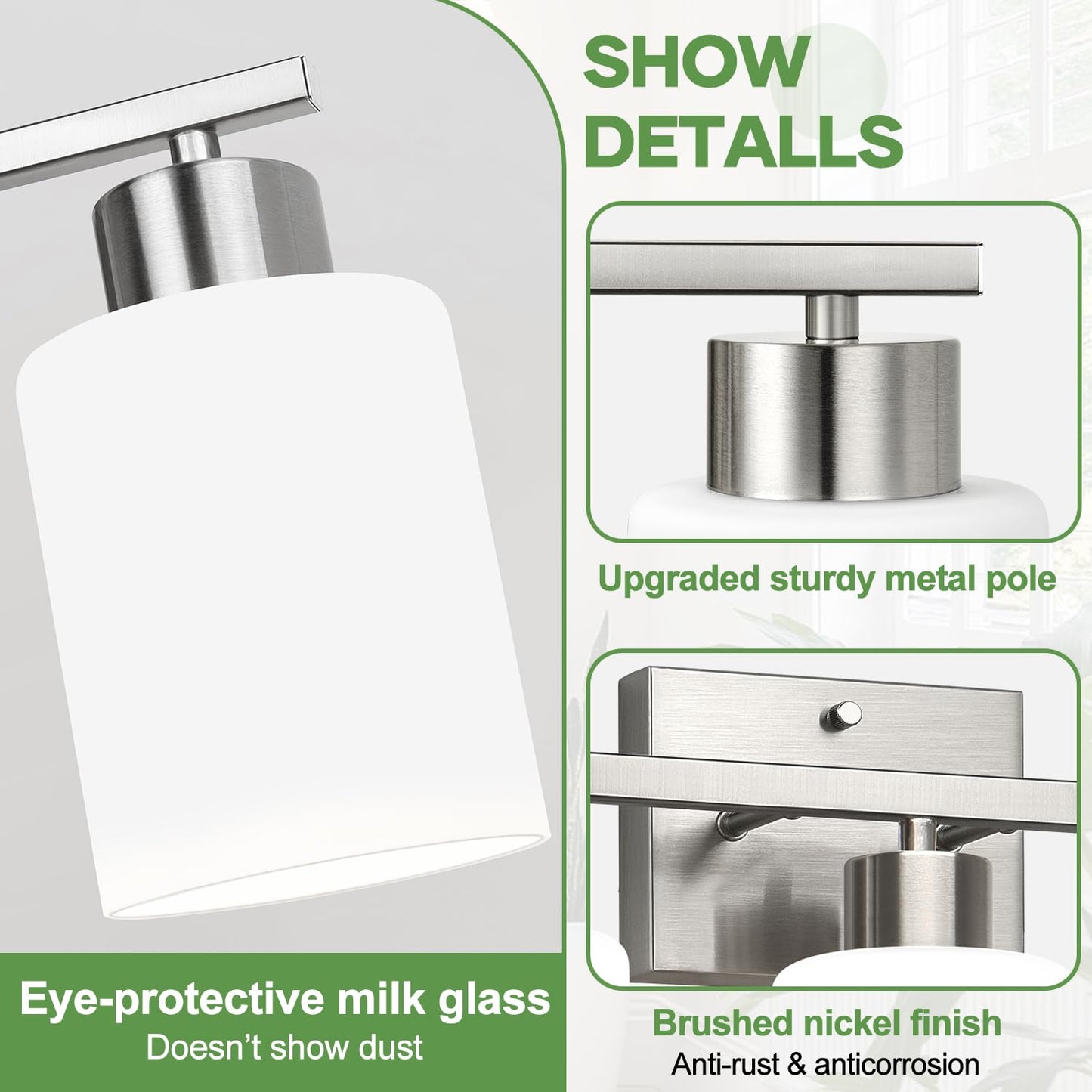 Brushed Nickel Bathroom Light Fixtures with Milk Glass Shades, Eye-Friendly 3 Light Vanity Lights for Bathroom, Vanity Lights with E26 Socket, for Mirror, Living Room, Bedroom, Hallway
