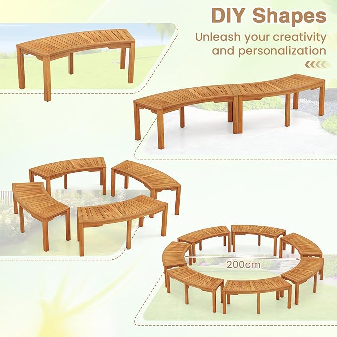 Tangkula Outdoor Curved Bench, Acacia Wood Fire Pit Bench w/Slatted Seat, Patio Backless 2-Person Seating for Porch, Yard, Garden, 800 LBS Max Load, Oil Painted (2, 45")