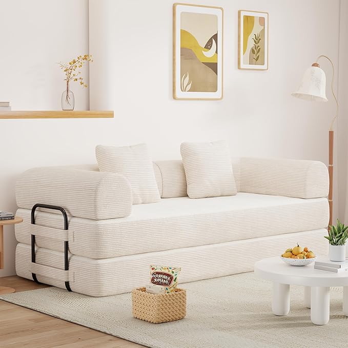 77" Convertible Sofa Bed, Modular Folding Futon Corduroy Floor Foam Compressed Loveseat Sleeper Sofa Couch, Pull Out Queen Size Couch Bed with 2 Pillows for Living Room Guest Room Studio, Beige