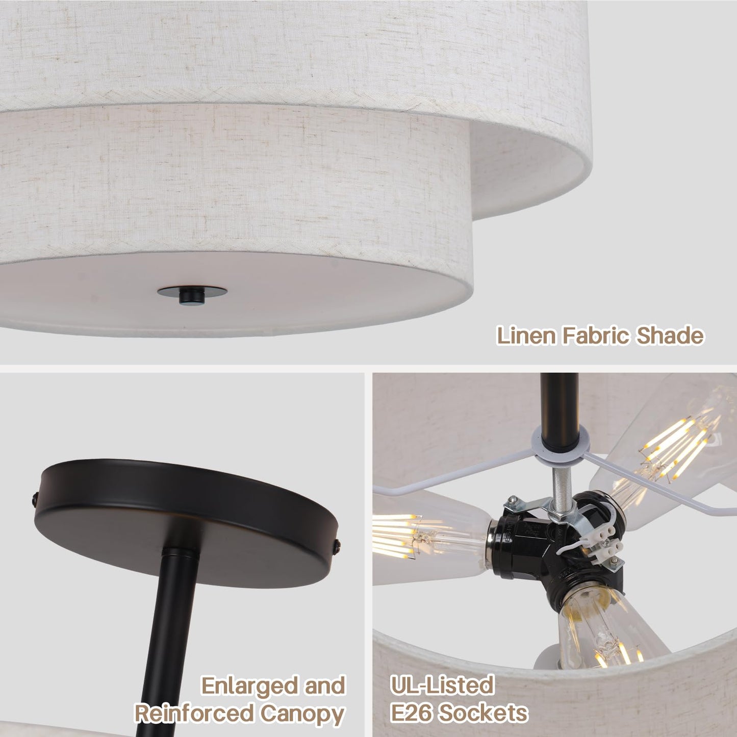 HILUXIA 18 Inch Large Semi Flush Mount Ceiling Light Fixture with Dual Drum Design, Farmhouse Fabric Linen Shade for Bedroom, Living Room, Kitchen, and Dining - Modern Chandelier Lamp