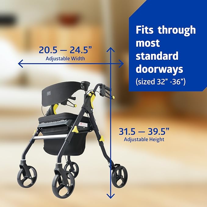 Medline Premium Empower Folding Mobility Rollator Walker with Memory Foam Seat, Black, 300 lb. Weight Capacity, 8” Wheels, Cupholder,Rolling Walker for Mobility Impairment, Adjustable Handles