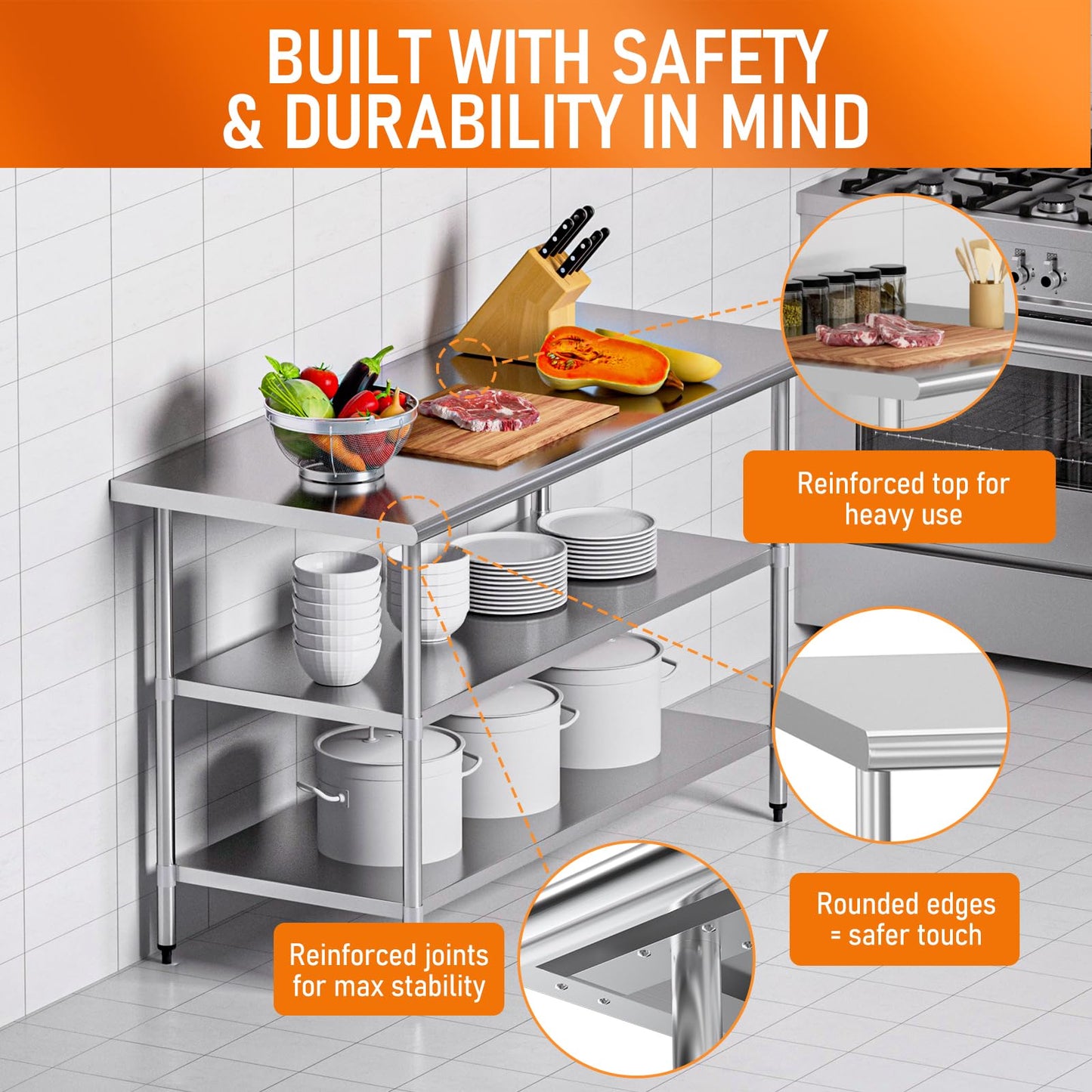 HOCCOT Stainless Steel Table for Food Prep & Work 24 x 60 inches with 2 Adjustable Undershelves, Commercial Workstation in Kitchen, Garage, Outdoor BBQ