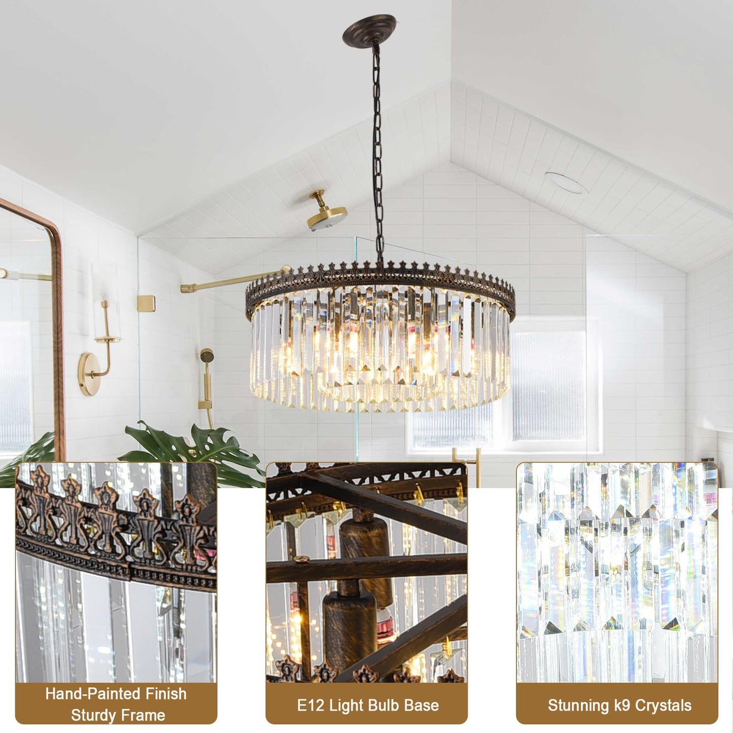 ELGOBST 6-Light Crystal Chandelier, 19.7" Modern Farmhouse Crystal Light Fixture, Vintage Antique Bronze Round Hanging Lighting Fixture for Dining Room Foyer Living Room Entryway