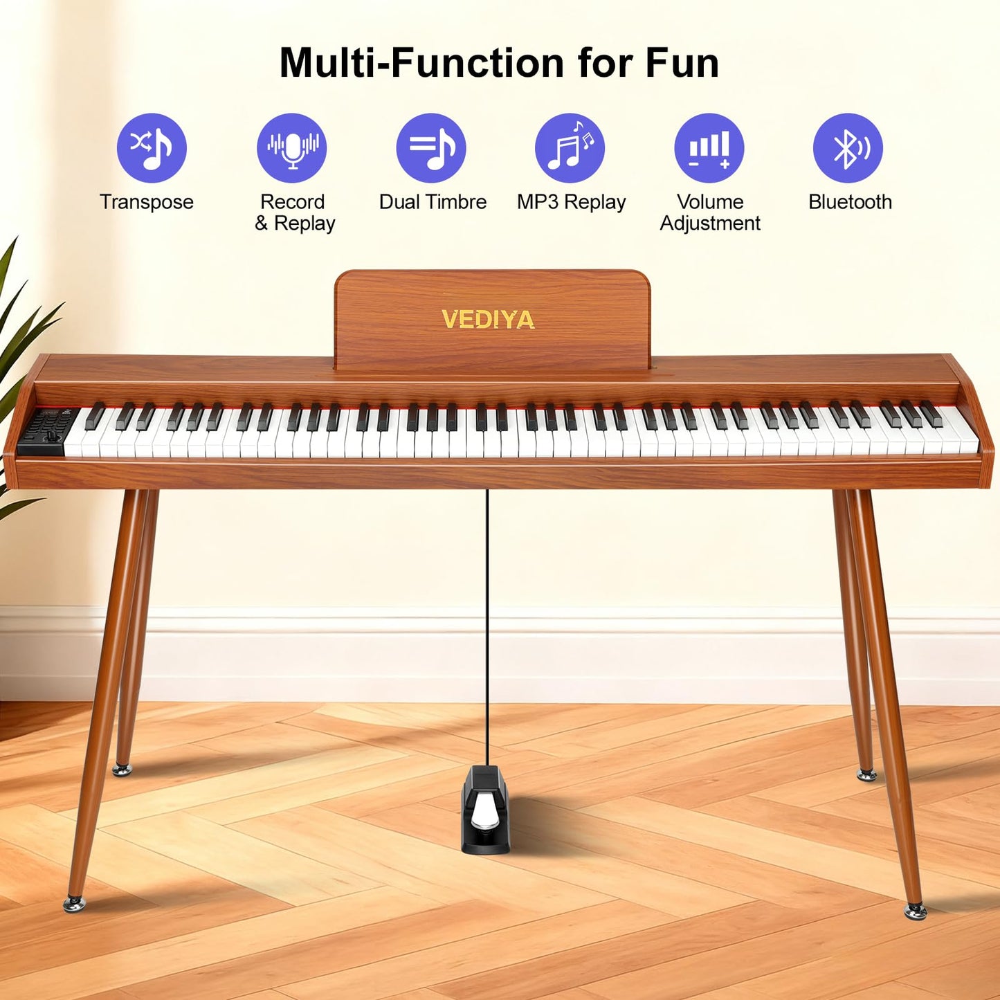 Vediya Digital Piano Keyboard 88 key,Semi-Weighted Electric Piano,Full Size Acoustic Piano for Beginners with Pedal, USB-MIDI Compatibility (Brown)