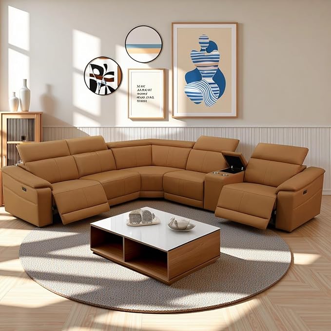 Power Recliner Sectional Sofa Set with USB Ports, Flannel Recliner Sofa Set with Adjustable Headrest, Reclining Sectional Couches, L-Shaped Living Room Furniture Set (Ginger, 5-Seater)