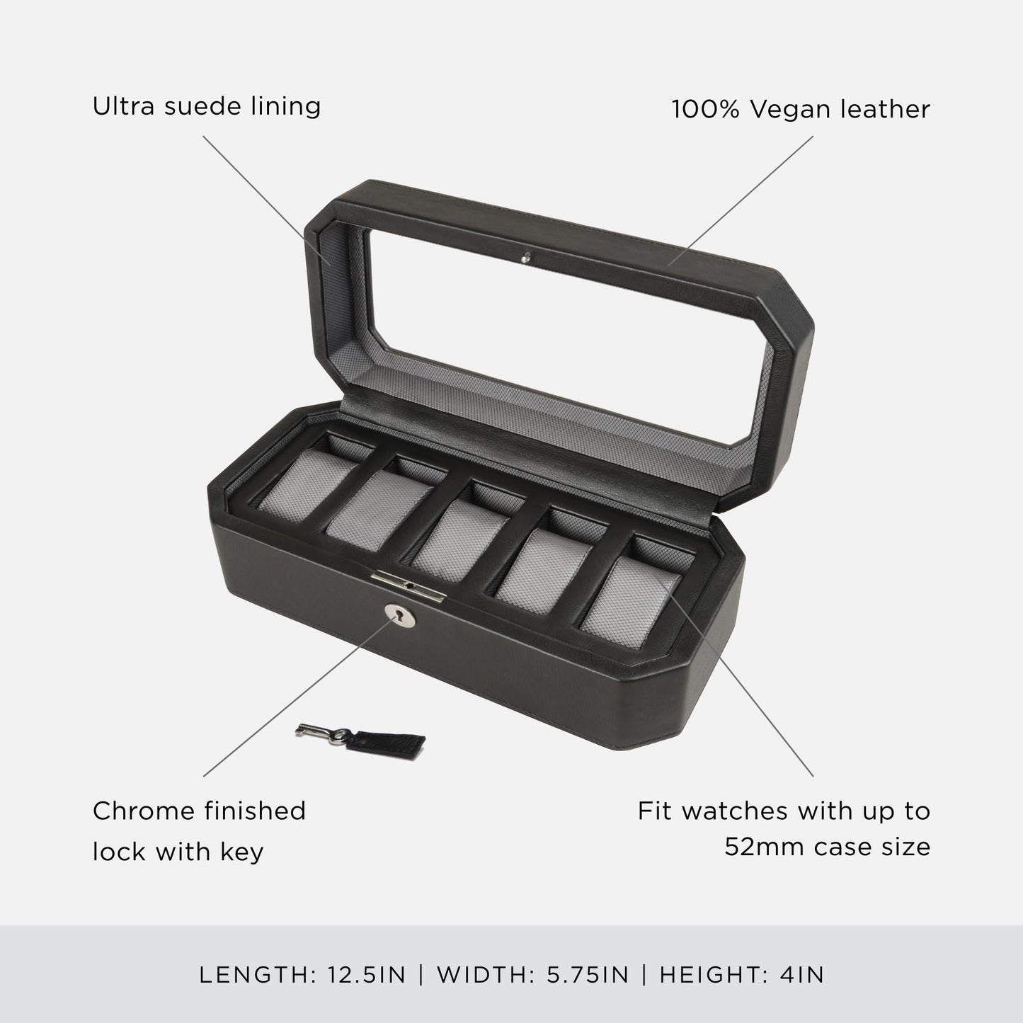 WOLF Windsor 5-Piece Watch Box, Black - Features Five Watch Compartments & Vegan Leather Exterior