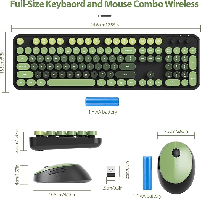 Owpkeenthy Keyboard and Mouse Wireless, Cute Retro Full-Size Cordless Keyboard with Number Pad 2.4 GHz Wireless USB Receiver for Computer (Dark Green)