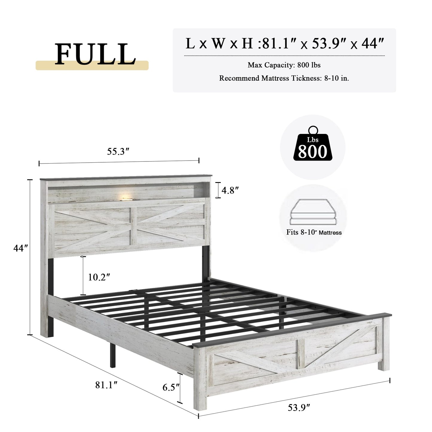 madeslves Farmhouse Wooden Bed Frame Full Size with Storage Headboard, Boho Platform Bedframe with LED Lights and Charging Station, Metal Slats Support, No Box Spring Needed, White