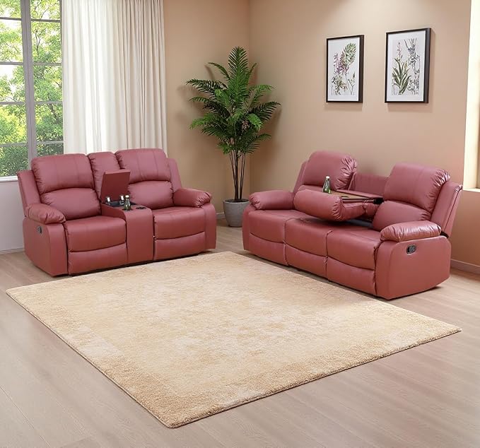 Caberryne 2 Pieces Leather Recliner Sofa Set，Recliner Sofa and Loveseat Sets for Living Room Furniture，Red Reclining Couch with 4 Recliners for Living Room/Office/Theater Seating(Sofa Set 2 Pieces)