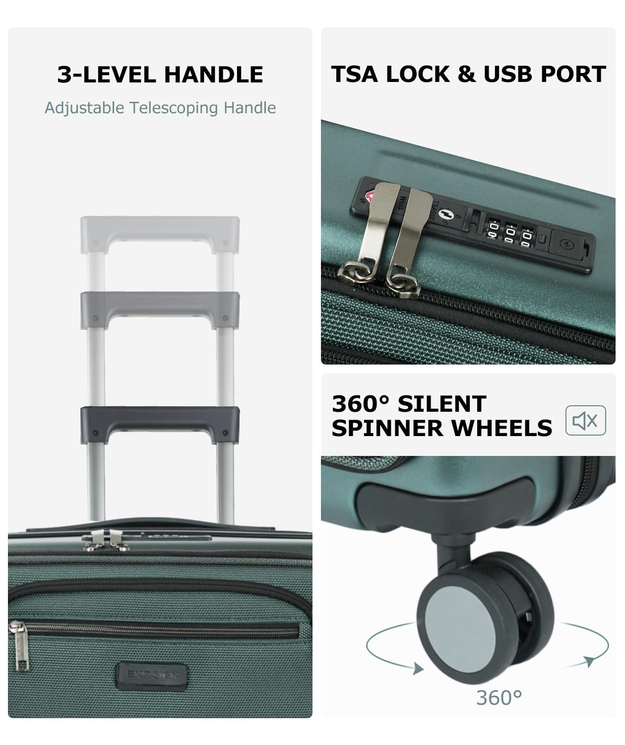 EMPSIGN Carry On Luggage 22x14x9 Airline Approved, Top Opening Expandable Suitcase with Spinner Wheels, 20 Inch Hard Shell Carry-On with TSA Lock & USB Port for Business Travel, Dark Green