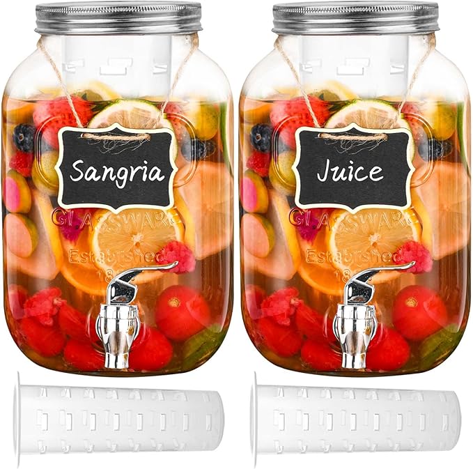 Eleganttime 1 Gallon Glass Drink Dispensers for Parties,2 Pack Beverage Dispenser with Fruit Infuser,Laundry Detergent Dis...