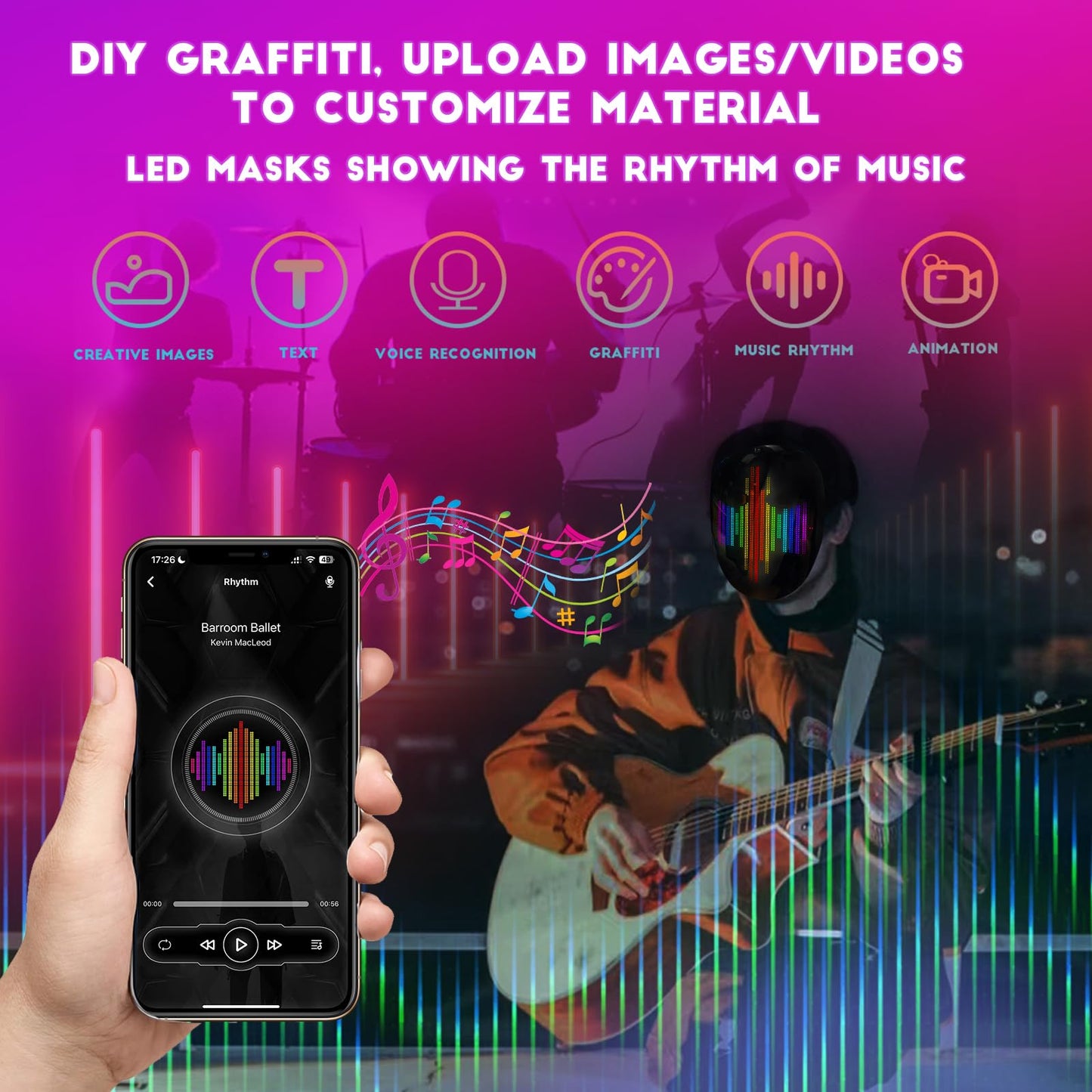 Depointer Life Led Mask with Voice Recognition Gesture Sensing, Light up Mask with Programmable App Multi-Patterns Display, Colorful Shining Mask for Halloween Xmas Costume Party