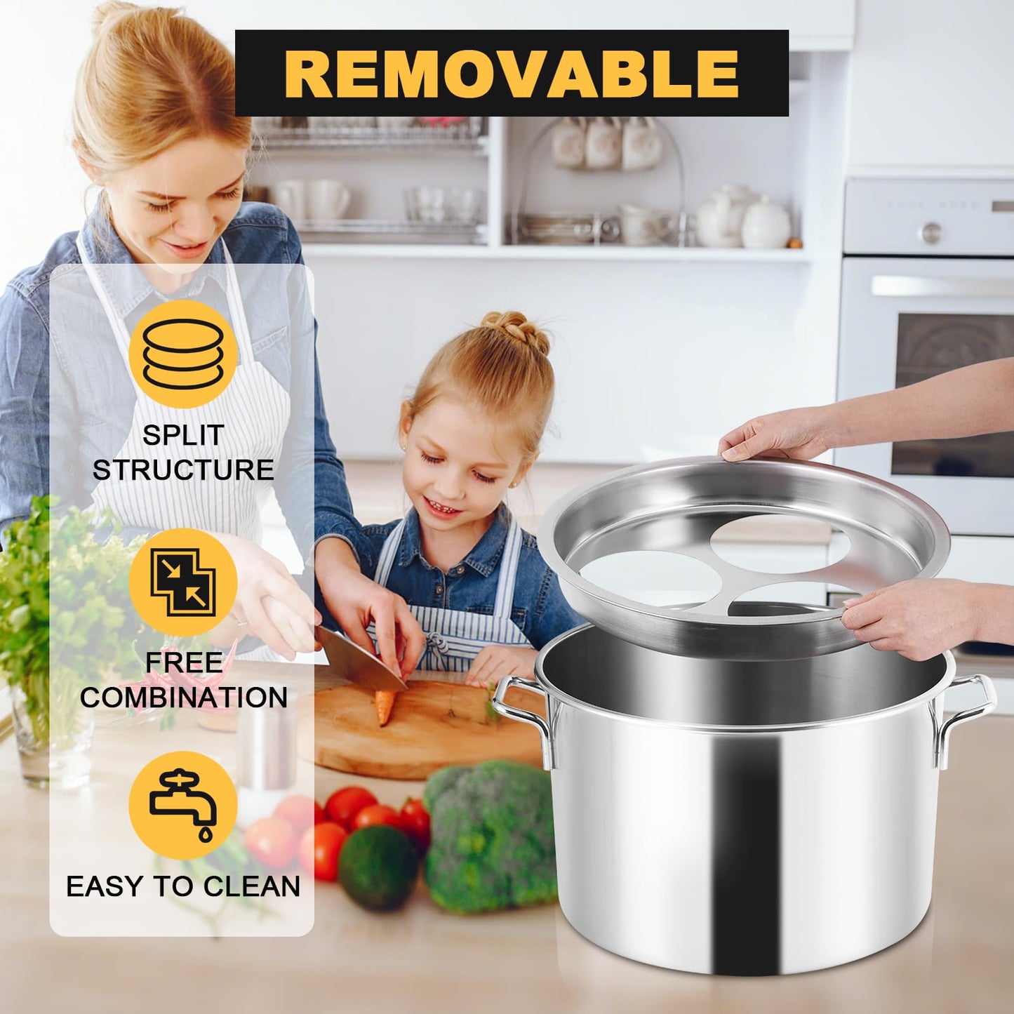 YJINGRUI Commercial Pasta Pot, 39 Quart, Stainless Steel Pasta Cooker with Insert Strainer Colander for Home Kitchen Restaurant, 5 Holes
