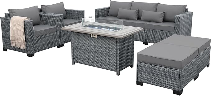 Lviden 6 Pieces Wicker Patio Furniture Sets Outdoor Conversation Set HDPE Rattan Sectional Sofa Couch with 45" Fire Pit Table and Grey Cushions