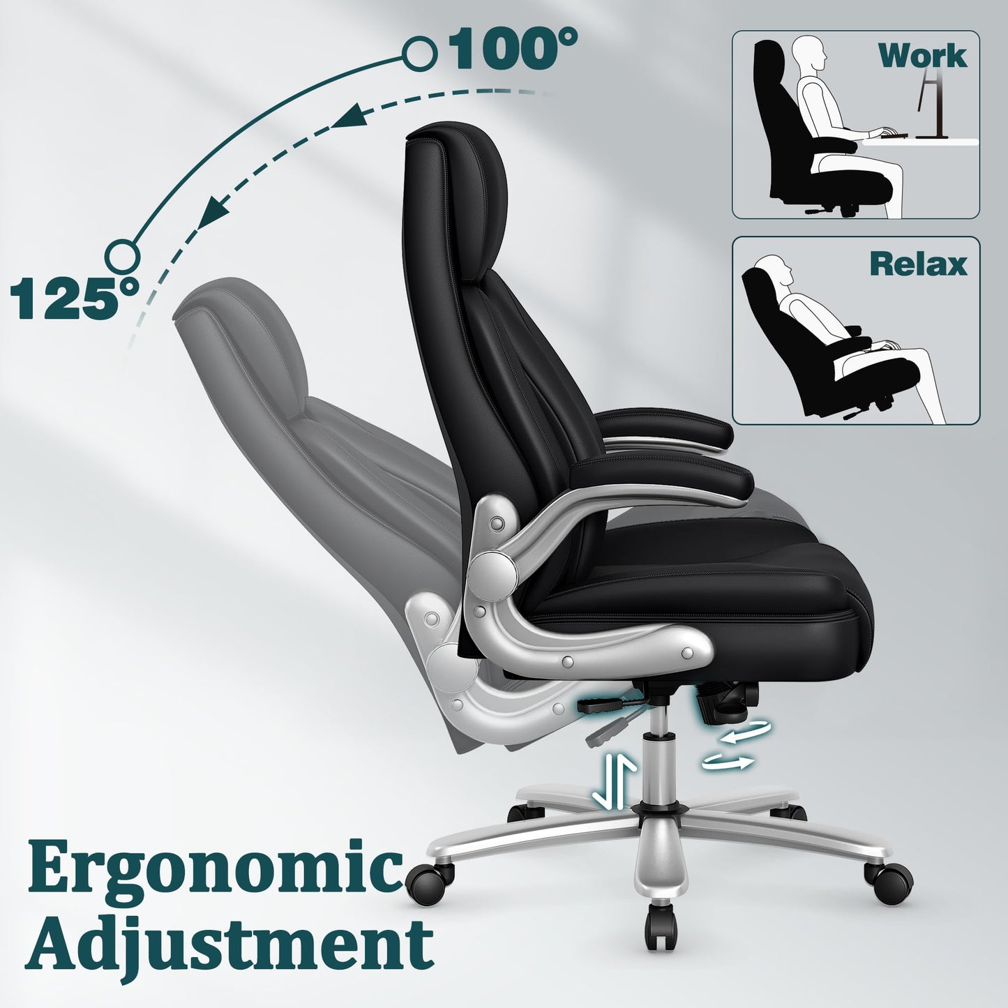 NexHut Executive Office Chair, Ergonomic Desk Chair, 500lbs Heavy Duty Comfy Computer Chair with Adjustable Lumbar Support, Flip-up Arms, Wide Thick Seat, High Back Office Chair for Back Pain