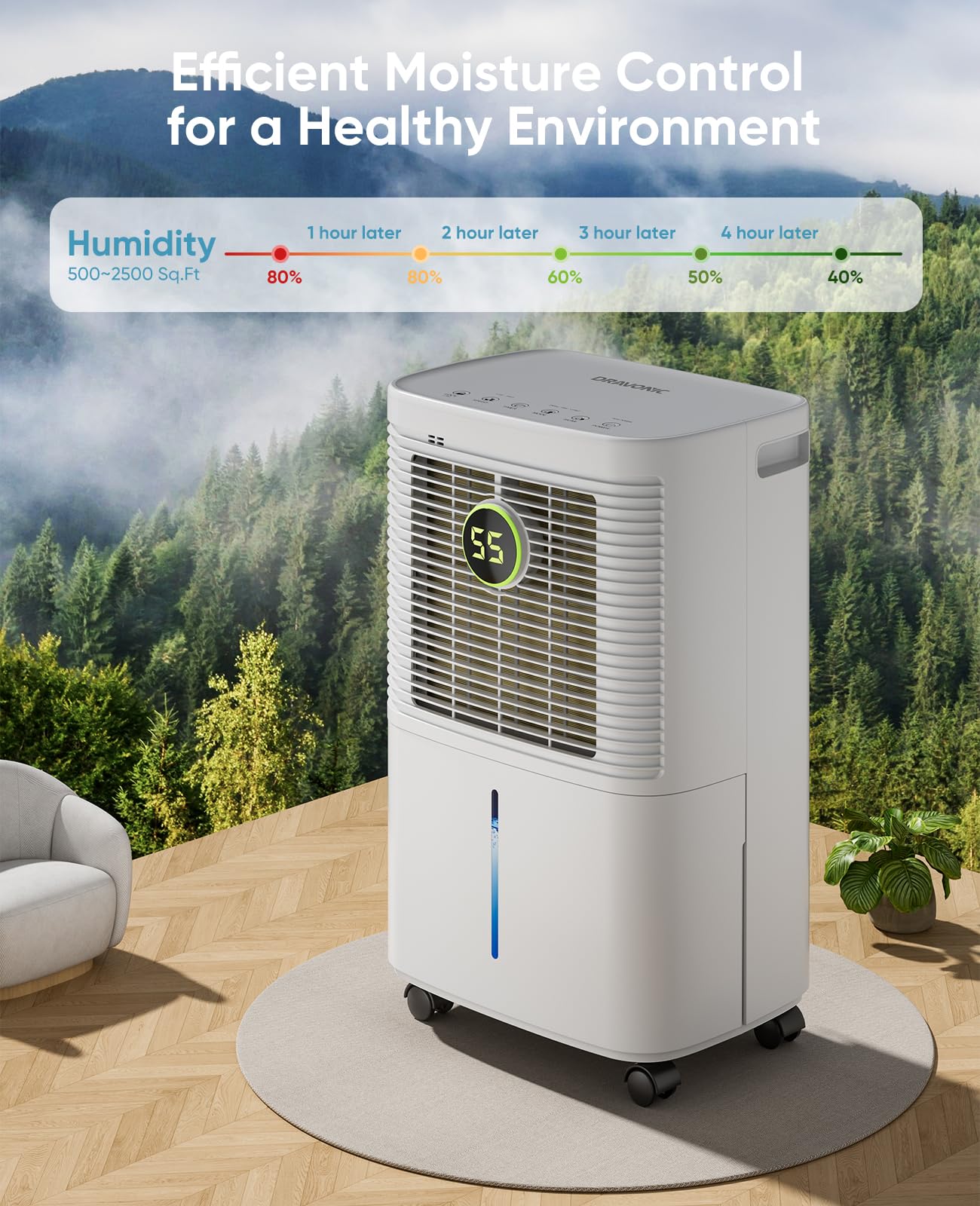Dravonic 34 Pint Dehumidifiers for Home, Basement, Bedroom, Bathroom, 2500 Sq.ft Dehumidifier with Drain Hose, Smart Humidity Control & Display, 3 Operation Modes, 24H Timer, Child Lock (White)