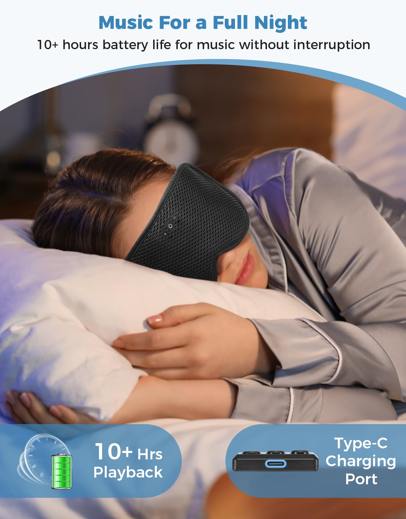 Mixiba Sleep Mask with Bluetooth Headphones, Removable 3D Contoured Cup, Wireless Eye Mask for Sleep, Sleeping Headphones with Thin Stereo Speakers for Men, Women, Travel, Relaxation - Black