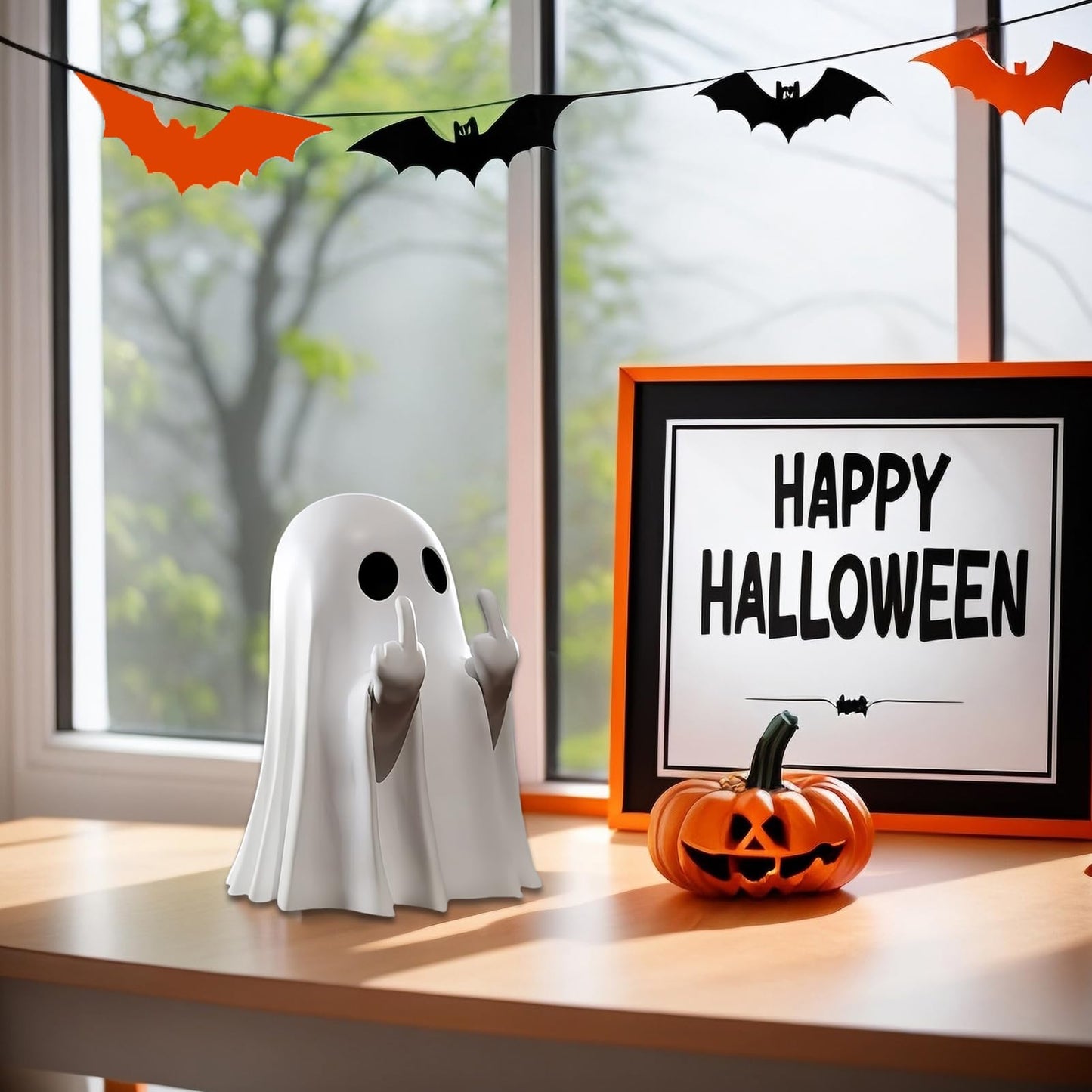 Halloween Ghost Figurine - Spooky Resin Ghost Statue, Cute Finger Ghost Ornaments, Perfect for Indoor & Porch Halloween Decor (A)