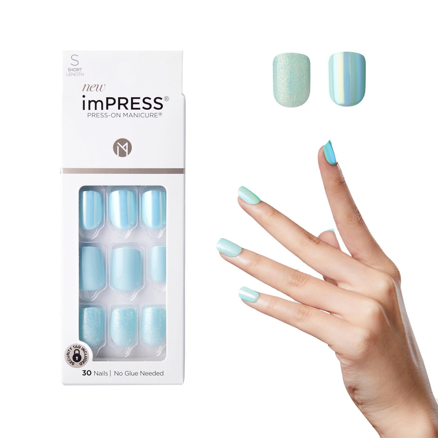 KISS imPRESS No Glue Mani Press On Nails, Design, 'Rain Check', Blue, Short Size, Squoval Shape, Includes 30 Nails, Prep Pad, In
