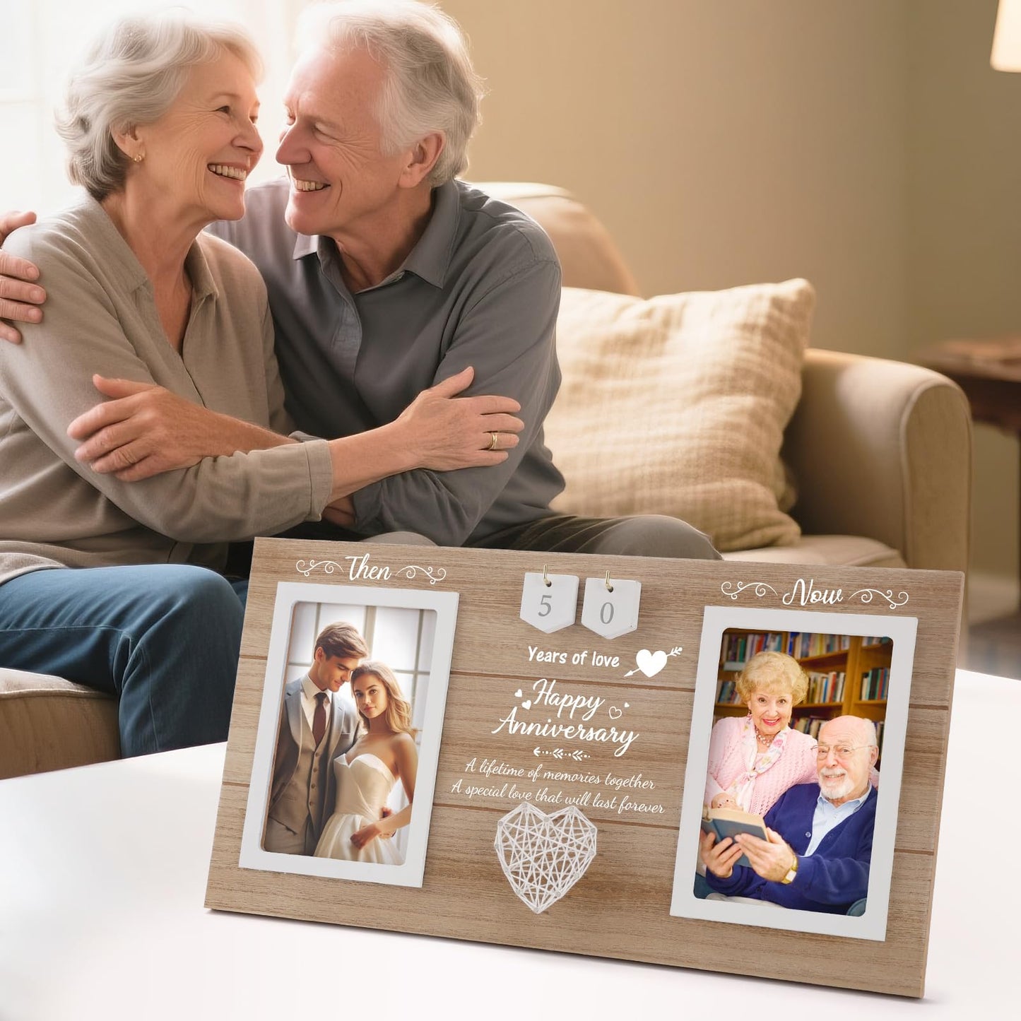Calibron Then & Now Anniversary Wedding Gifts for Couples,1-99 Years Anniversary Picture Frame, Bridal Shower Photo Frame Holds 2pcs 4x6 Pictures