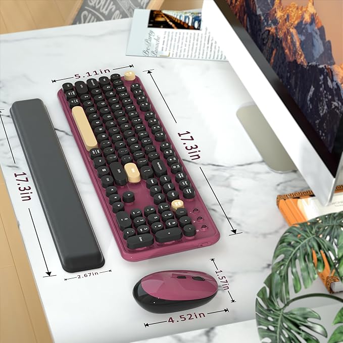 Wireless Computer Keyboards Mouse Combos, COVEVA Colorful Typewriter Retro Keyboard with Round Keycaps, USB Keyboard and Mouse Set 2.4GHz Full-Size Wireless Keyboard and Optical Mouse（Black-Claret）