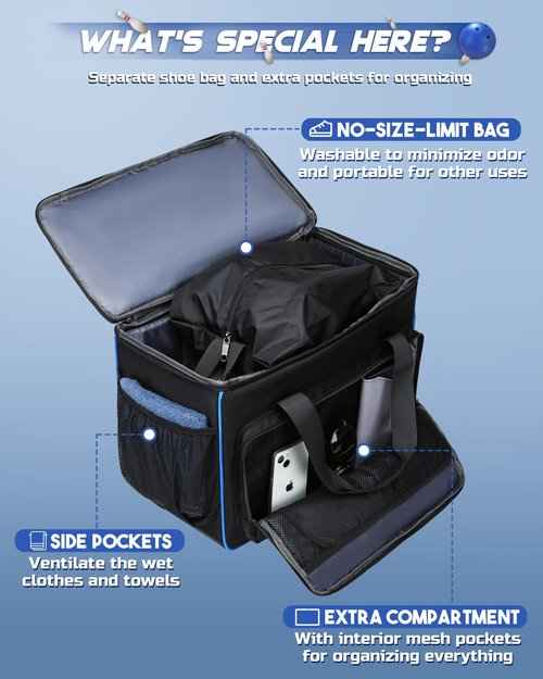 2 Ball Bowling Bag with Wheels Double Bowling Ball Bag for Bowling Equipment Accessories Blue Bowling Roller Bags for Bowling Stuff Supplies Rolling Tote with Bowling Shoe Bag Ball Stand Bowling Gifts