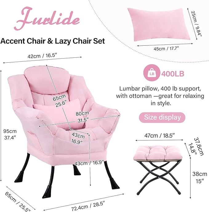 Furlide Lazy Chair with Ottoman, Modern Lounge Chair with Lumbar Pillow, Accent Cozy Reading Armchair and Folding Footstool for Bedroom, Dorm, Living Room,Pink