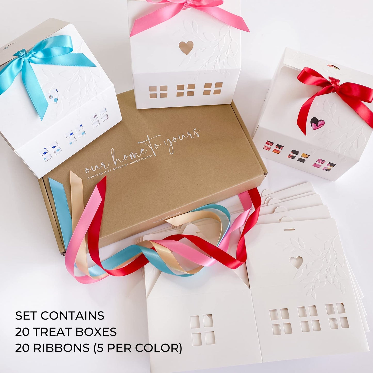 Karentology 20 Pcs Classic House Shaped Gift Boxes with Bright Ribbons for Treats, Desserts, Fancy Cookie, White Gable Bakery Packaging