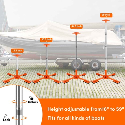 VEITHI Boat Cover Support Poles Heavy Duty 2 Pack, 16” to 59” Stainless Steel Pontoon Boat Cover Support with Metal Cross Base, Adjustable Strap - Orange