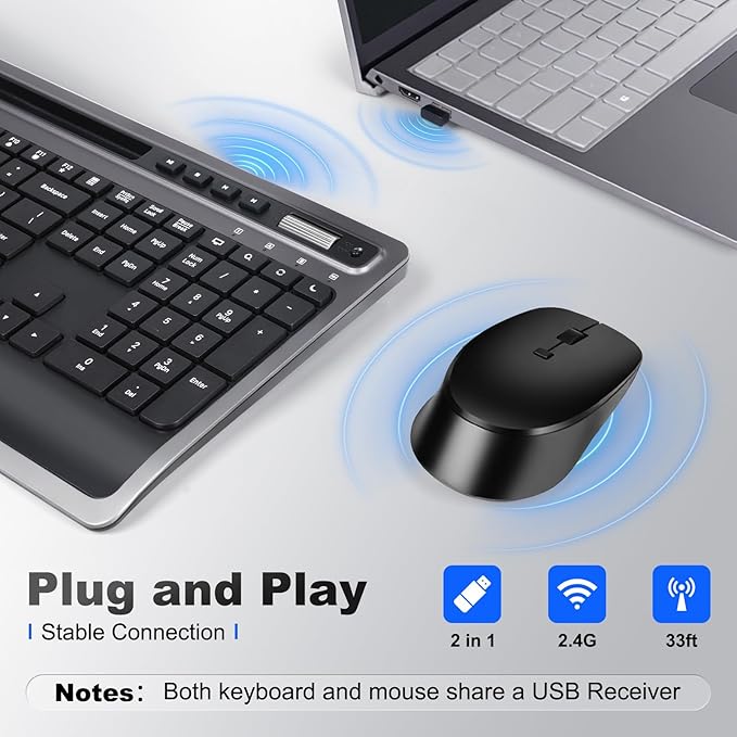 Wireless Keyboard and Mouse Combo, Full Size Ergonomic Keyboard with Wrist Rest and Phone Holder 2.4G USB & Type-C Quiet Keyboard Silent Mouse for Computer Laptop Windows Mac iOS