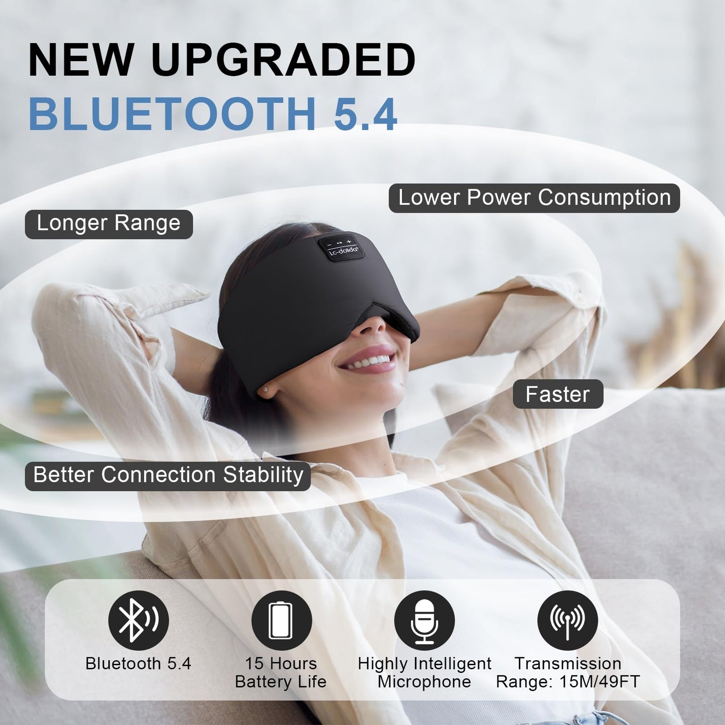 LC-dolida Sleep Mask with Bluetooth Headphones, Ice Silk Sleep Headphones with Bluetooth 5.4, Total Blackout Eye Mask for Sleeping, Sleep Soft Mask for Women Men, All Night Sleep, Travel(Black)