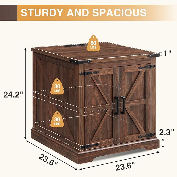 Barnyatoh Farmhouse End Table with Charging Station,Large Side Table with Barn Door, Rustic Wood Square Nightstand Bedside Table with Adjustable Storage Shelf for Living Room, Bedroom,Walnut 2-Pack