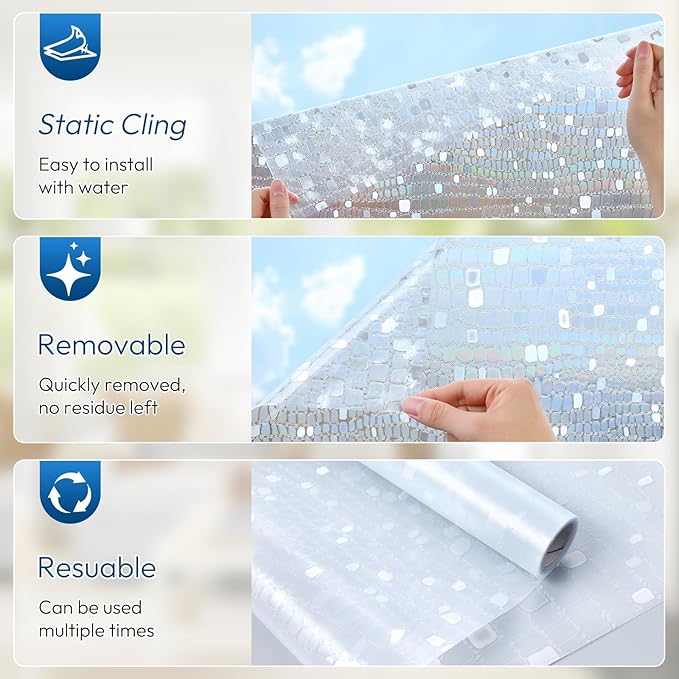rabbitgoo Window Privacy Film Rainbow Window Film, Mosaic Decorative Stained Glass Cling, Removable Static Cling Tint UV Blocking, Non-Adhesive Privacy Covering, 35.4 x 118.1 inches