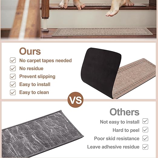 OJIA Vintage Stair Treads for Wooden Steps Indoor 15PCS 30"x8" Non-Slip Stair Runner Carpet Stair Treads Mats Staircase Step Treads for Kids, Elders and Dogs, Rubber Step Covers