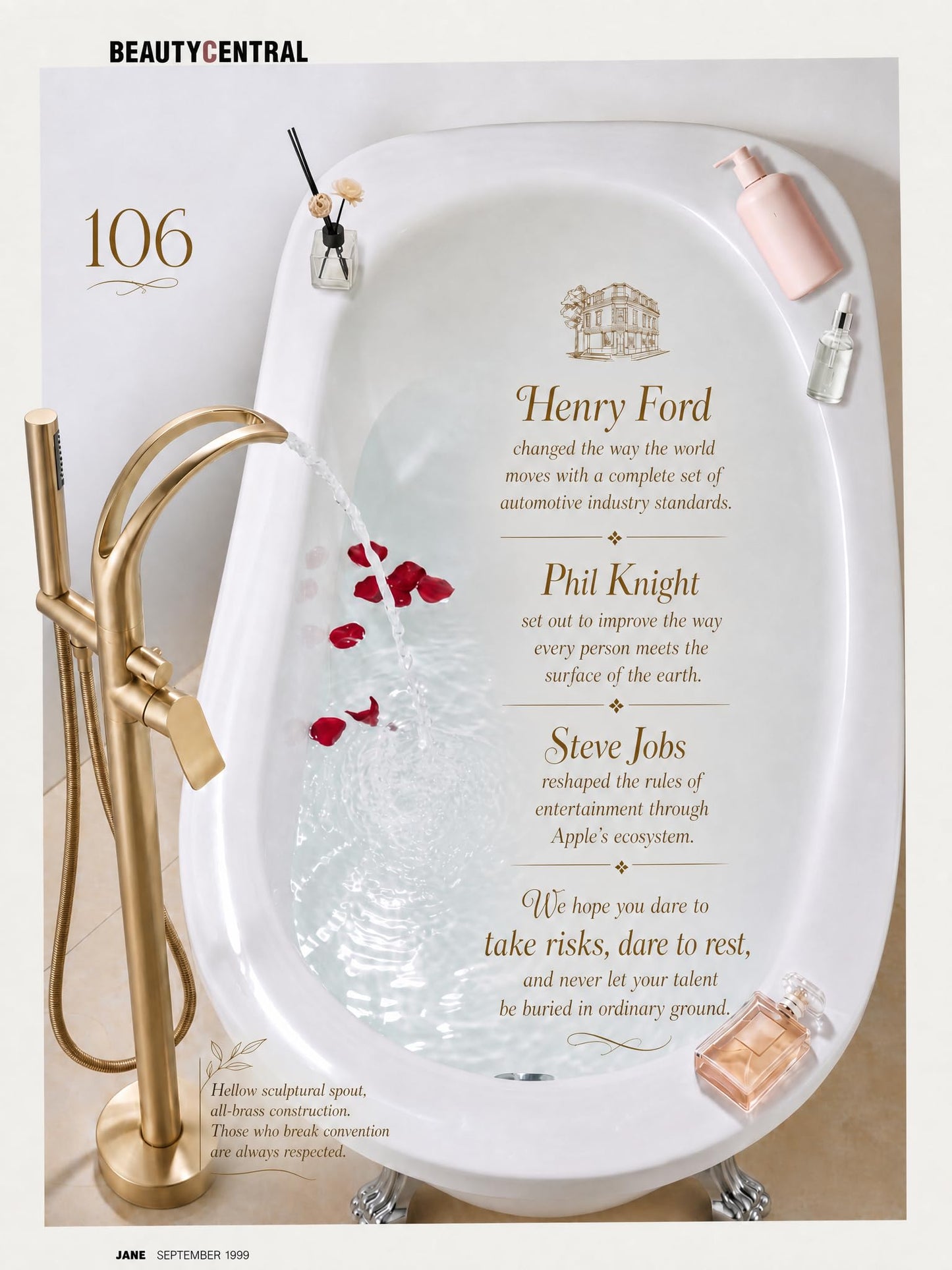 GOODBEING Freestanding Bathtub Faucet Stand Alone High Flow Brass Brush Gold Tub Filler, Free Standing Unique Bath Tub Faucet with Sprayer, Tub Shower Faucet Set (BG-Waterfall)