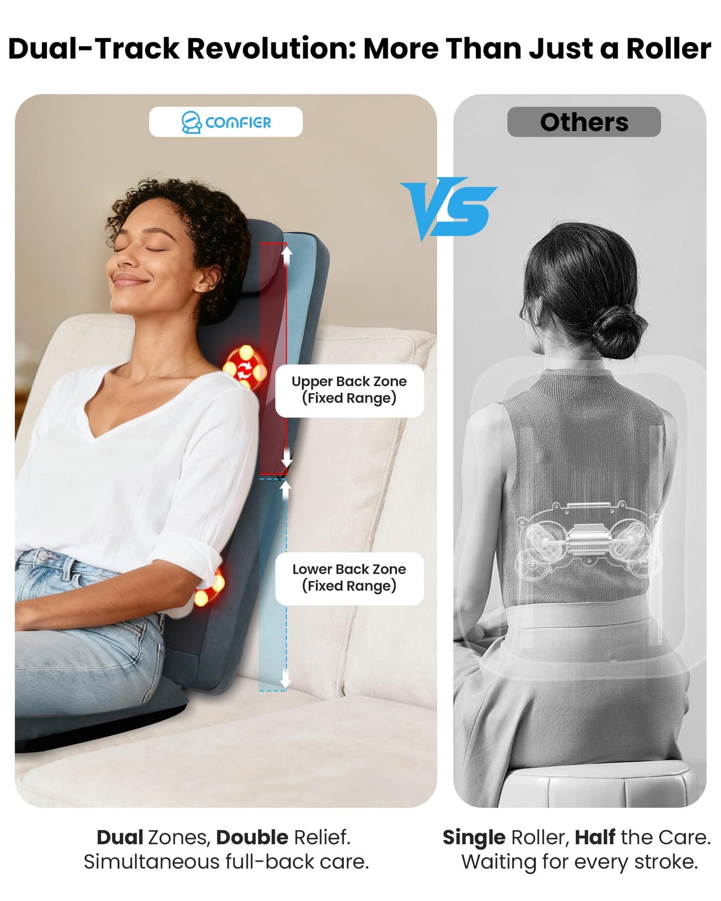 COMFIER Shiatsu Back Massager with Heat, Dual Motor 3D Rollers, Long Track Deep Tissue Kneading, Foldable Massage Chair Pad with Adjustable Height for Back Tension & Muscle Stiffness