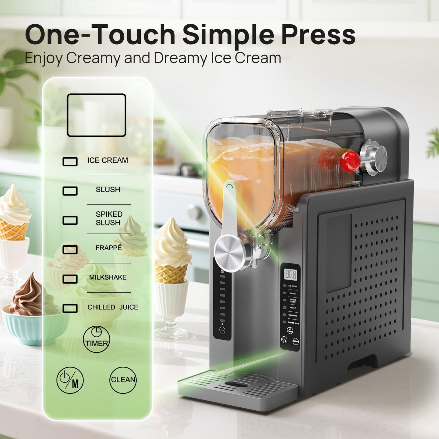 Slushie Machine No Ice Needed, Slushy Machine for Home, Frozen Drink Maker with 6 Preset Programs for Margaritas, Frappés, Milk Shake and More, LED Display, Auto Clean, Grey, 1 Pack+6 Modes