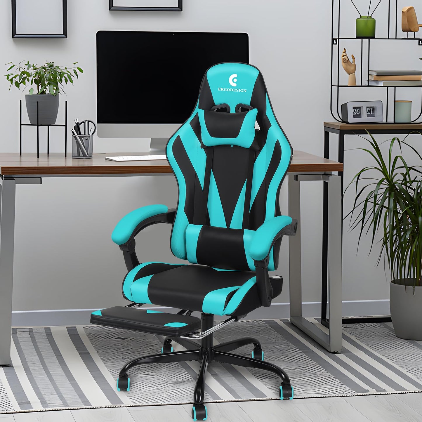 ErgoDesign Gaming Chair with Linkage Armrest & Footrest, High Back Video Gaming Chair, Black/Light Blue