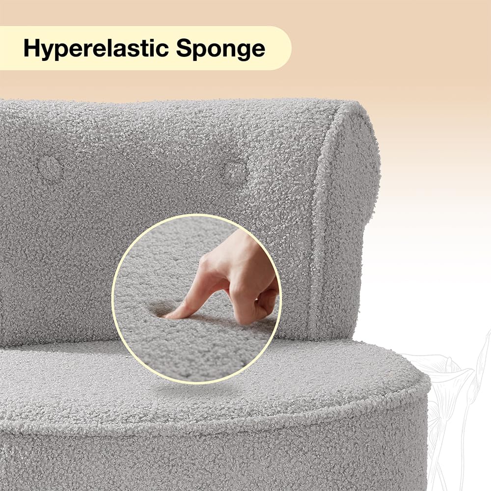 Sherpa Vanity Chair with Back for Bedroom - Tufted Upholstered Low Back Makeup Chair with Wooden Legs, Modern Elegant Dressing Table Stool for Dressing Room﻿(Grey)