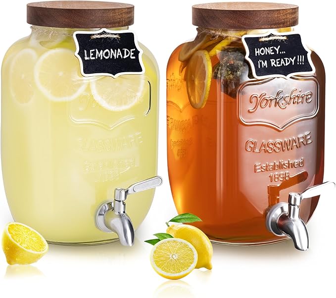 Mustry Glass Drink Dispenser for Parties, 1 Gallon Beverage Dispenser with Spigot Solid Stainless Steel, Used as Lemonade ...